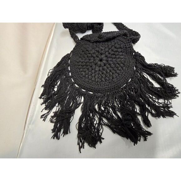 Handmade Crochet macrame Black Fringe Bohemian Shoulder Bag boho cottage biker - Picture 3 of 8